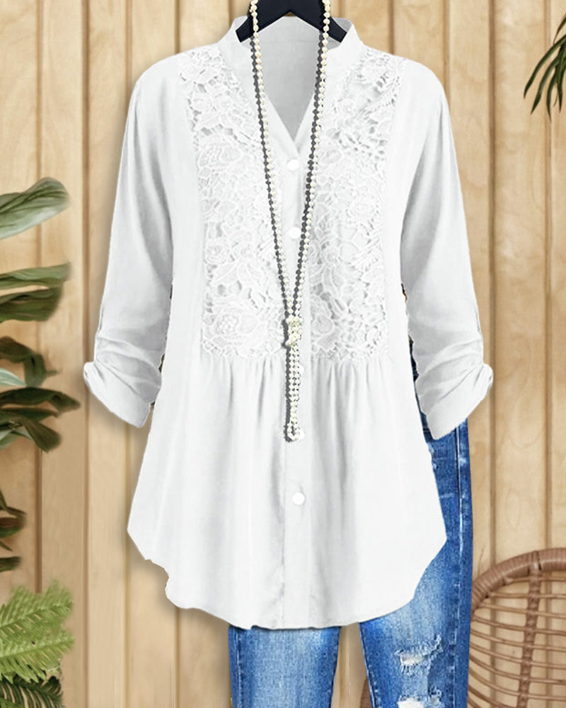 Lace Panel V-neck Long Sleeve Shirt