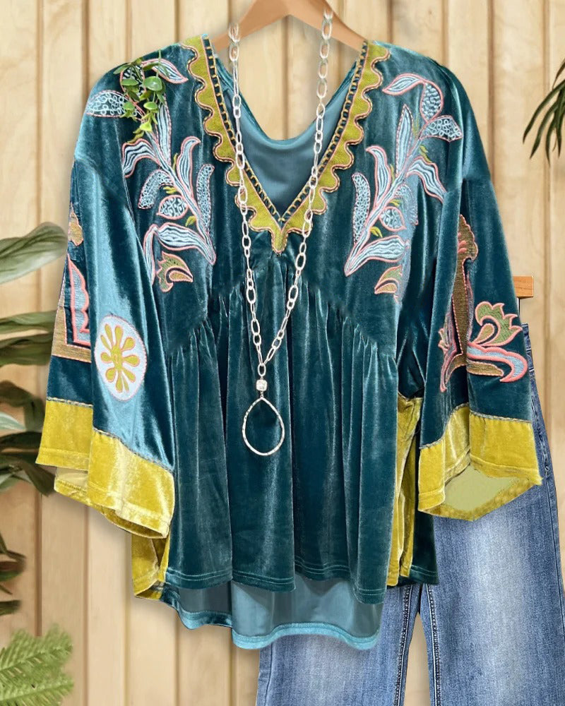 Floral Print Ethnic V Neck Velvet Blouse
