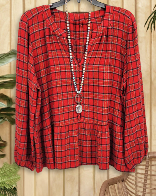 Plaid Retro V Neck Peplum Blouse