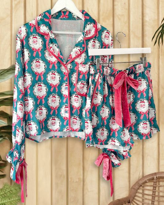 Santa Claus Print Piping Lace-Up Laid Back Pant Suit