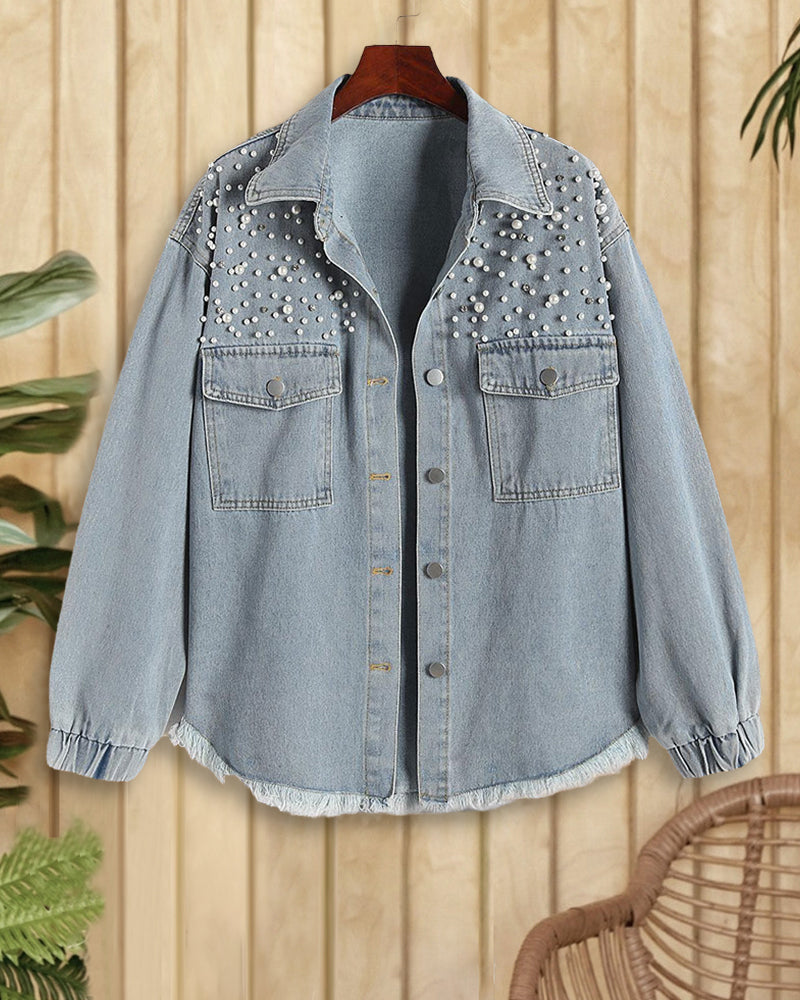 Beaded Decor Elegant Pocket Denim Coat