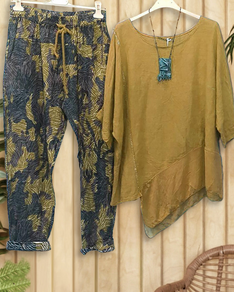 Camouflage Cozy Drawstring Irregular Pant Suit