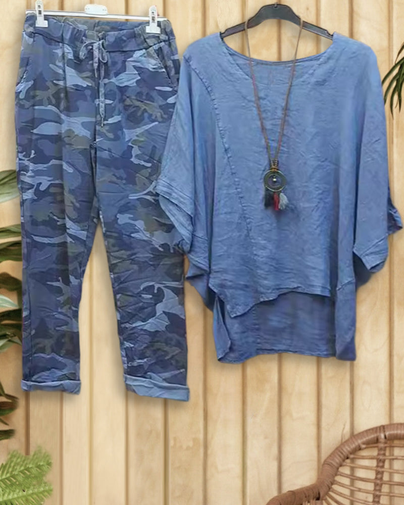 Camouflage Cozy High Low Drawstring Pant Suit