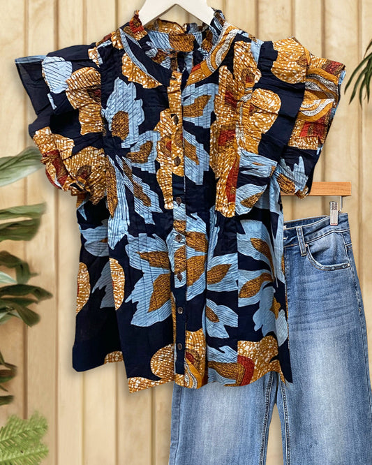 Floral Print Elegant Ruffle Sleeve Button Down T-Shirt