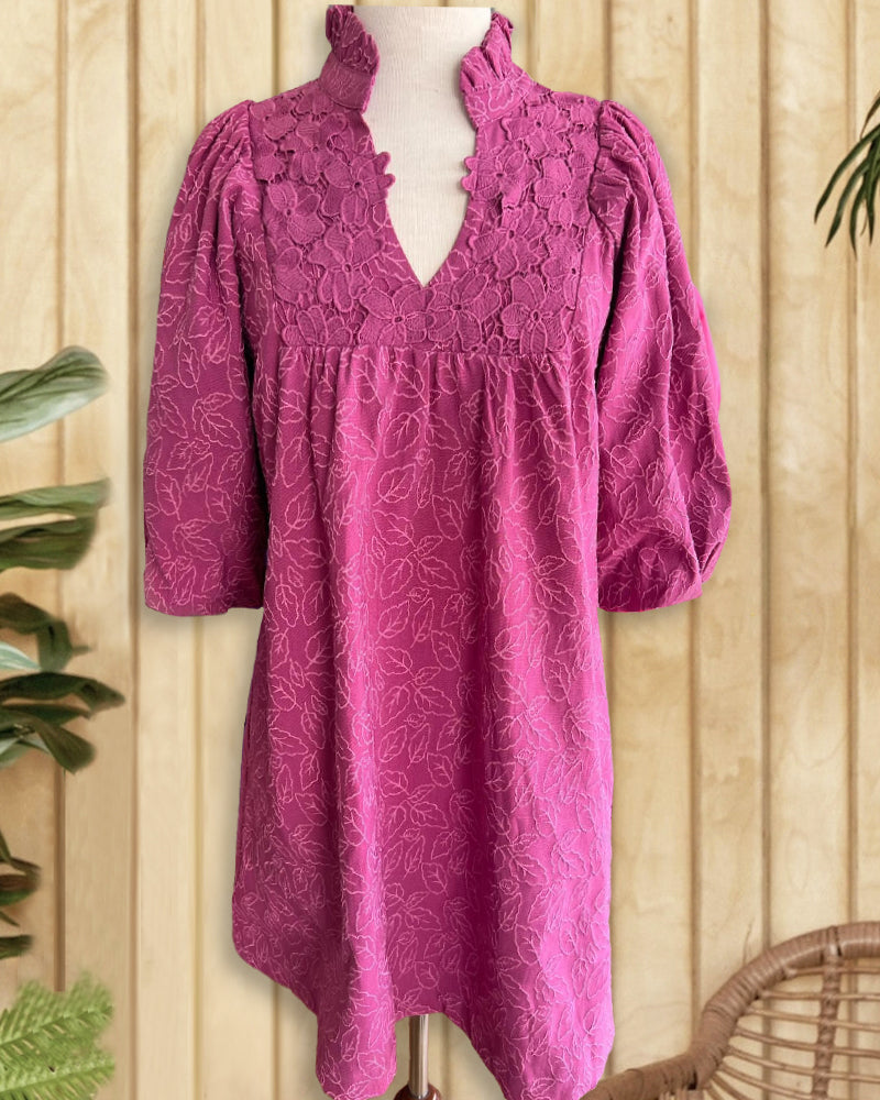 Floral Lace Applique Leaf Print Elegant Puff Sleeve Mini Dress