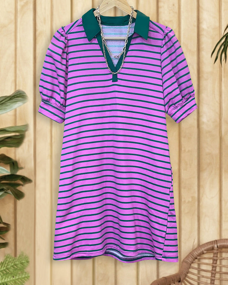 Striped V Neck Relaxed Mini Dress