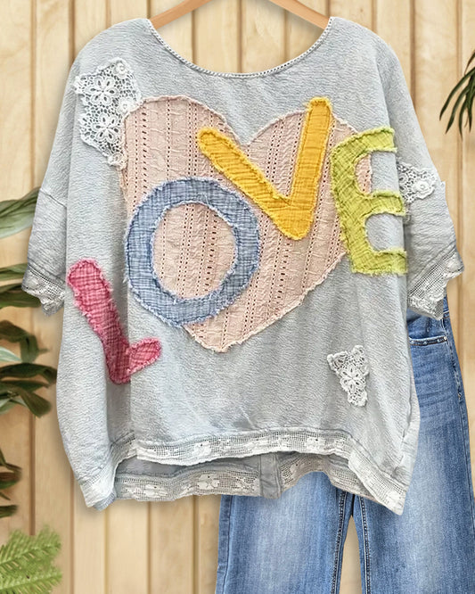 Patchwork Heart & LOVE Applique Stylish Batwing Sleeve Blouse