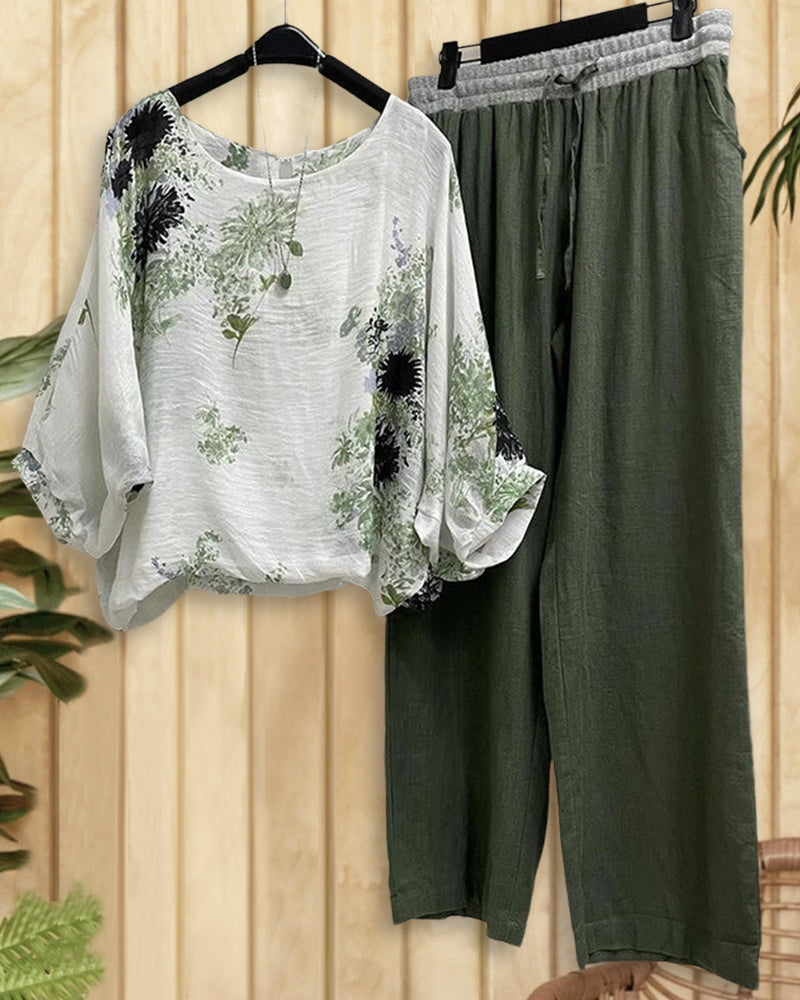 Floral Print Oriental Wide Leg Pant Suit