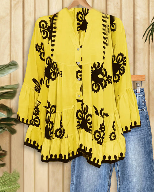 Contrasting Tribal Print Classic Tiered Blouse