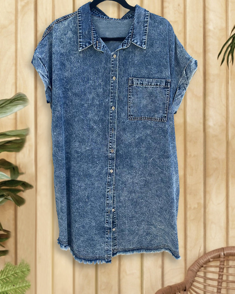 Blue Washed Denim Cozy Single Breasted Mini Dress