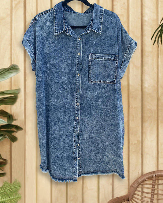 Blue Washed Denim Cozy Single Breasted Mini Dress