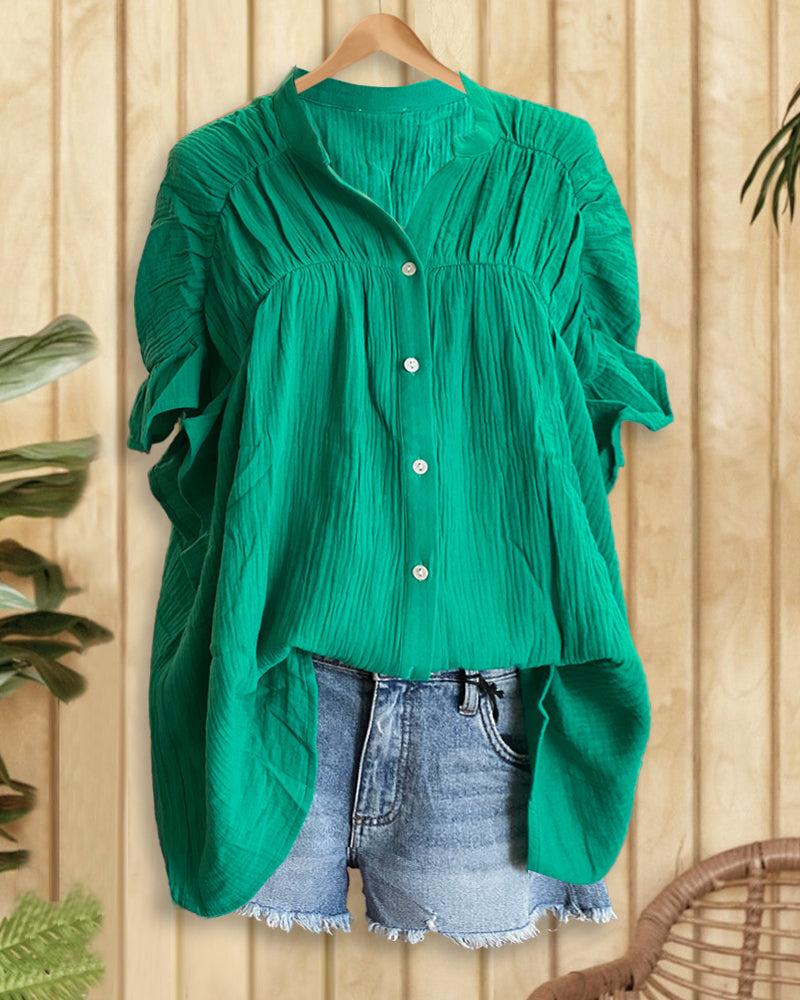 Solid Color Textured Smart Ruffle Sleeve Button T-Shirt
