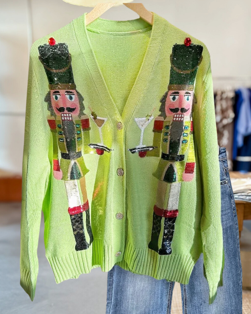 Sequined Nutcracker Cute Button Cardigan