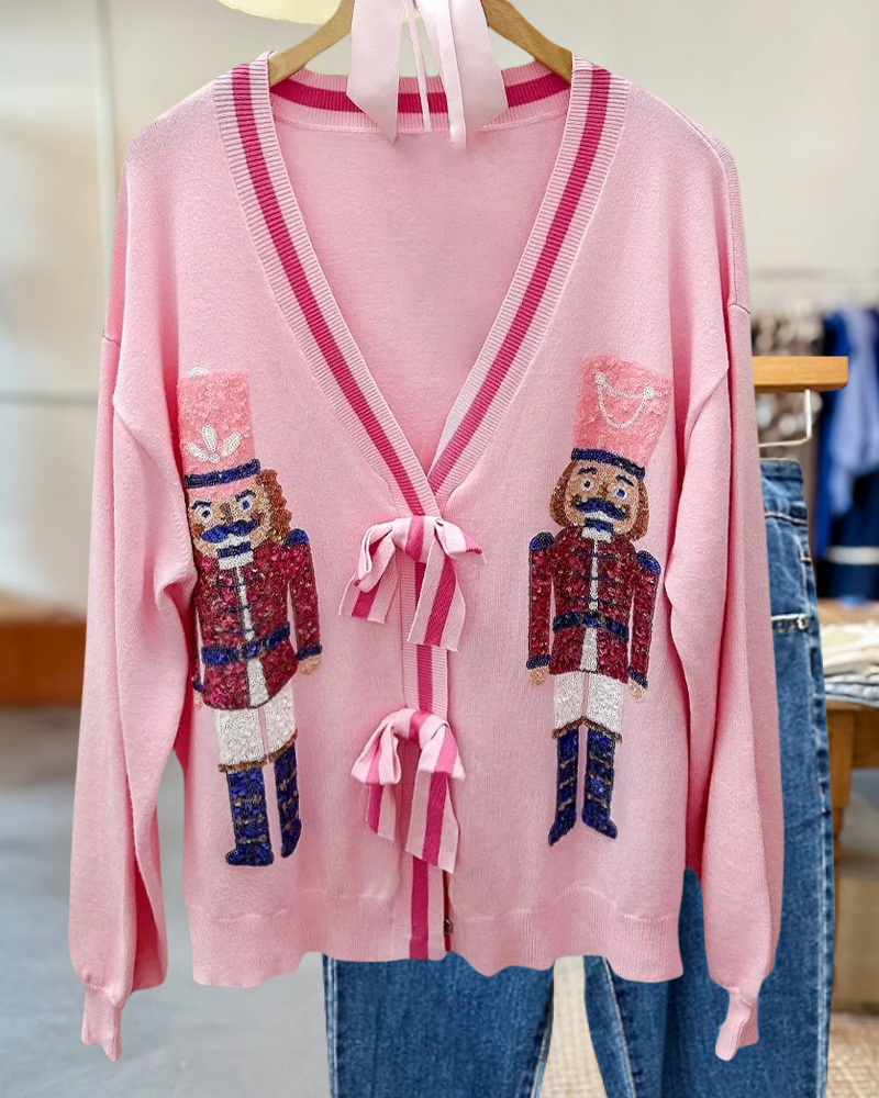 Sequined Nutcracker Cute Button Cardigan