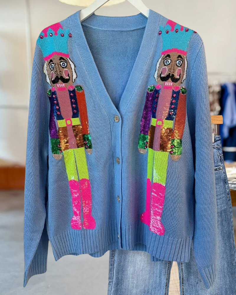 Sequined Nutcracker Cute Button Cardigan