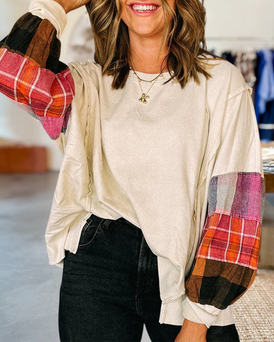 Plaid Panel Long-Sleeved Sweatshirt