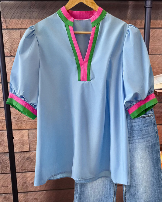 Patchwork Color Block Casual V Neck Blouse