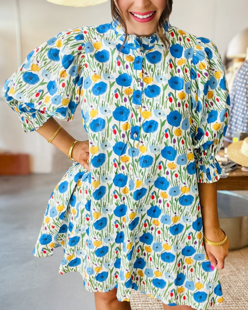 Floral Belted Puff Sleeve Dress