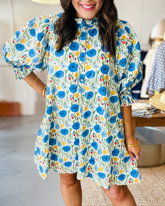 Floral Belted Puff Sleeve Dress