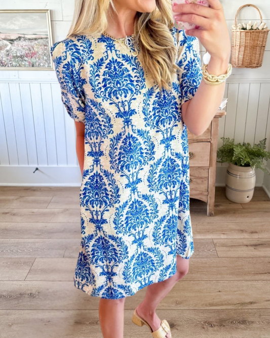 Blue Paisley Print Kaftan Mini Dress
