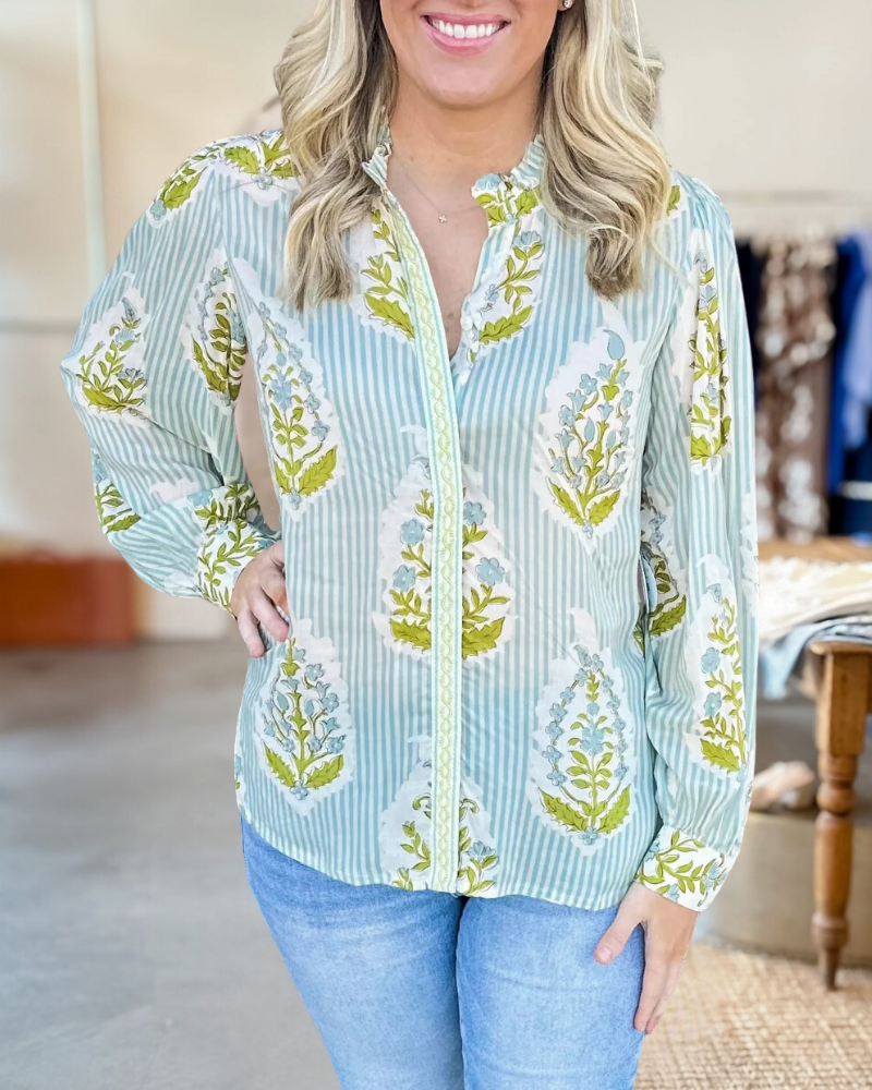 Striped Floral Print Long Sleeved Shirt