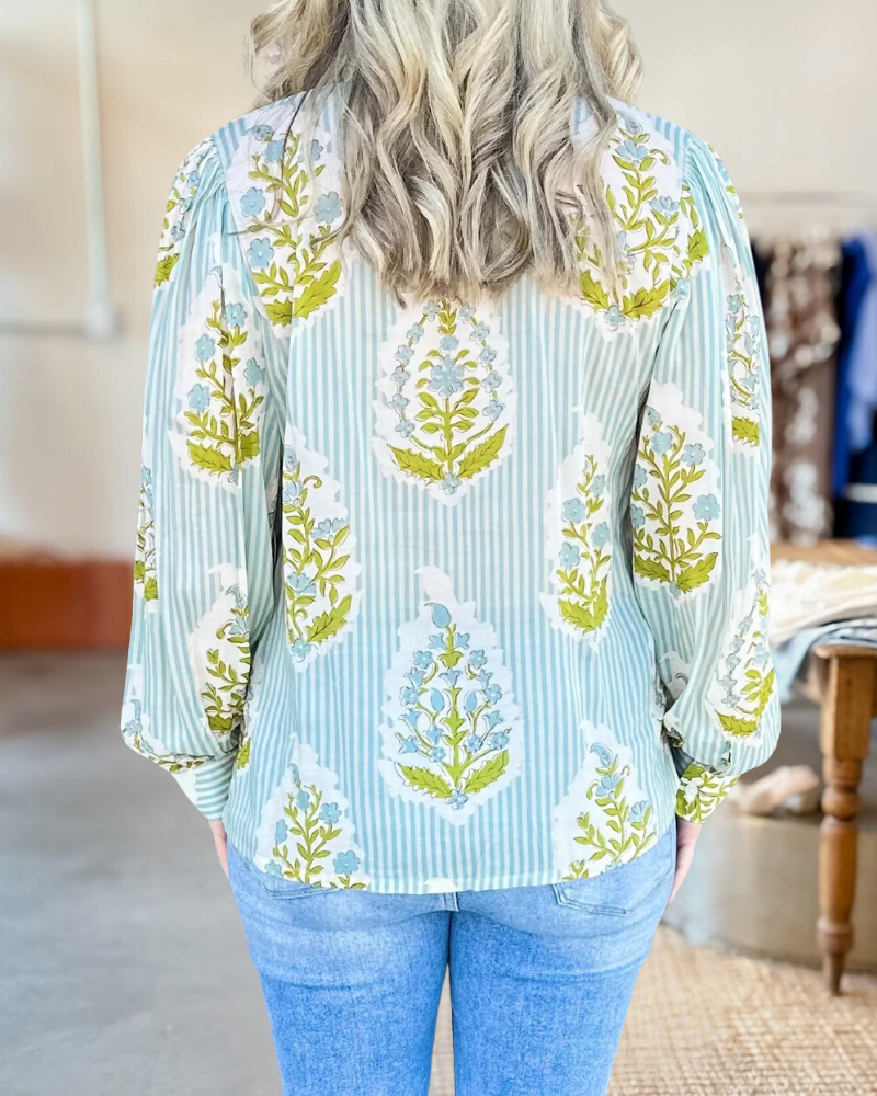 Striped Floral Print Long Sleeved Shirt