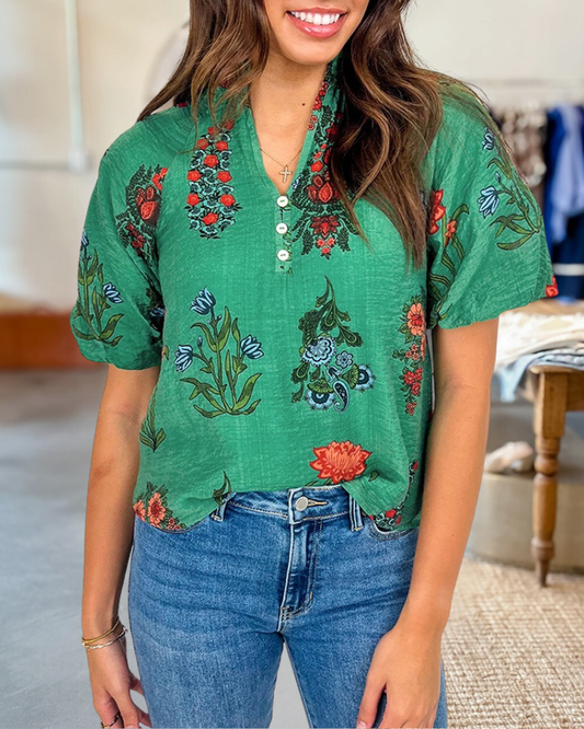 Floral Prin Puff Sleeve V Neck T-Shirt