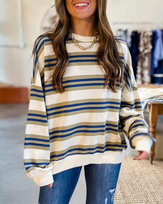 Olive Striped Terry Oversized Sweatshirt