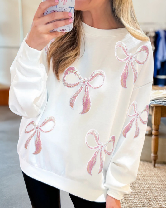 Pink Sequin Bow Knot Drop Shoulder Sweatshirt
