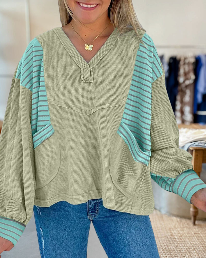Waffle Striped Patchwork Baggy Pullover