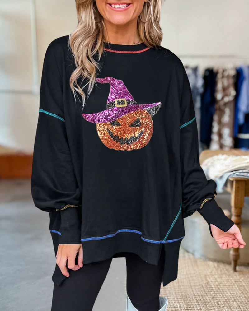 Oversized Sequin Pumpkin Reverse Seam Pullover
