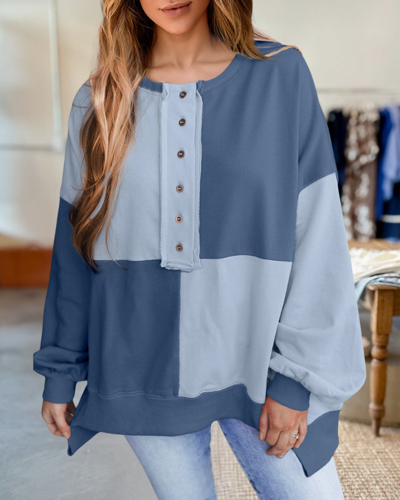 Buttons Checker Stitching Buckle Pullover