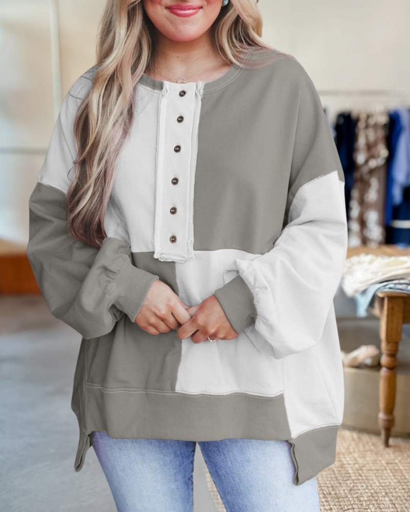 Buttons Checker Stitching Buckle Pullover