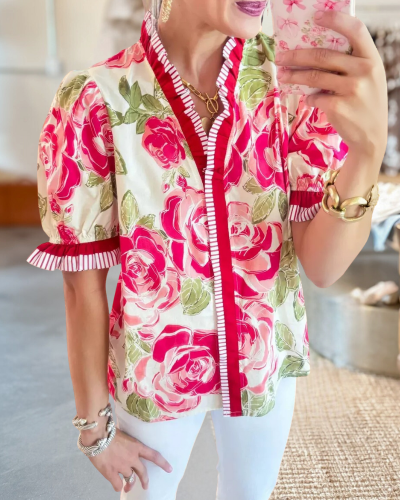 Coral Flower Print Contrast Trim Top