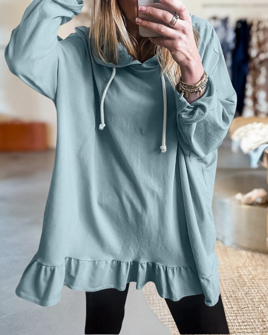 Ruffled Hem Loose Fit Tunic Hoodie