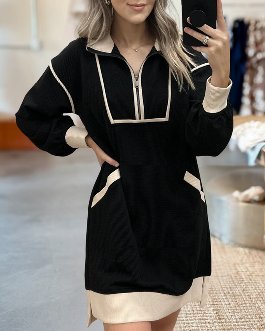 Black Contrast Trim Collared Zip Up Mini Dress