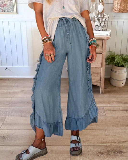 Drawstring Ruffled Wide Leg Jeans