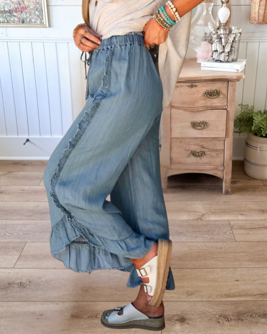 Drawstring Ruffled Wide Leg Jeans
