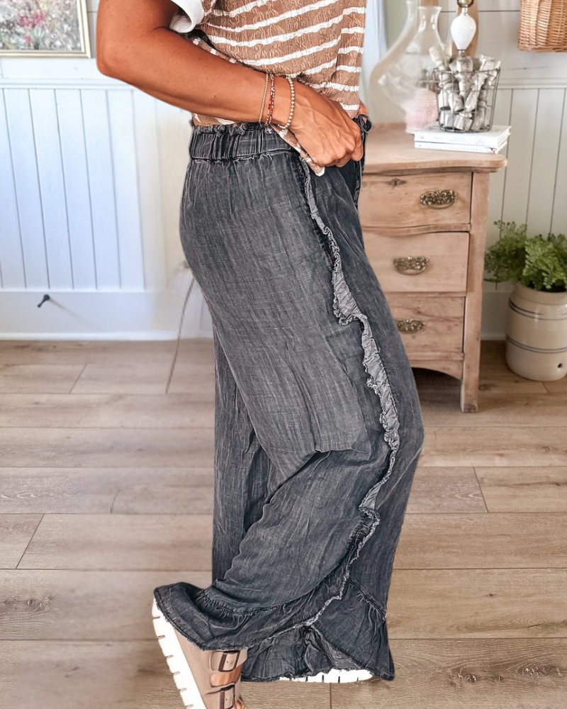 Drawstring Ruffled Wide Leg Jeans