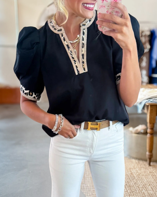 Leopard Trim Puff  Sleeve Blouse