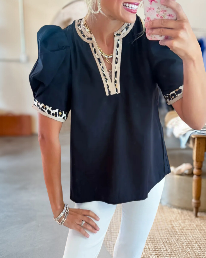 Leopard Trim Puff  Sleeve Blouse
