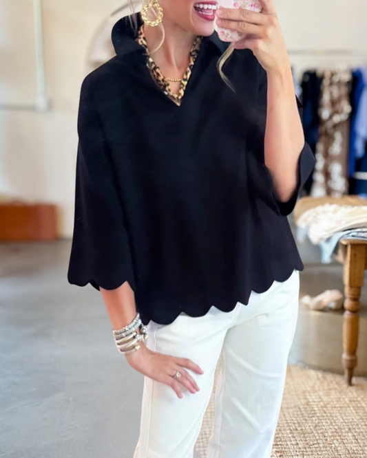 Scalloped Hem Three Quarter Sleeve Collared Top