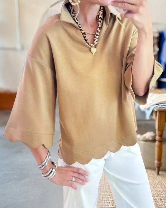 Scalloped Hem Three Quarter Sleeve Collared Top