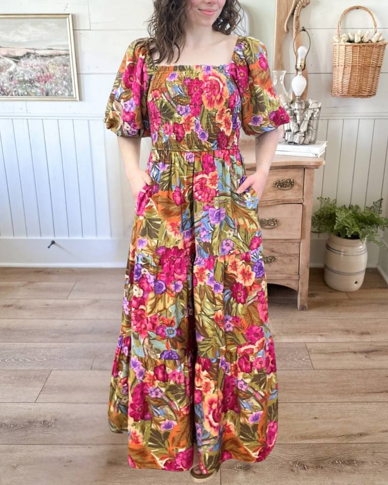 Rose Bubble Sleeve Maxi Dress