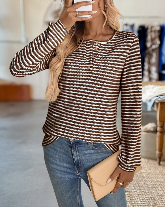 Button Notch Neck Striped Long Sleeves Knit Blouse