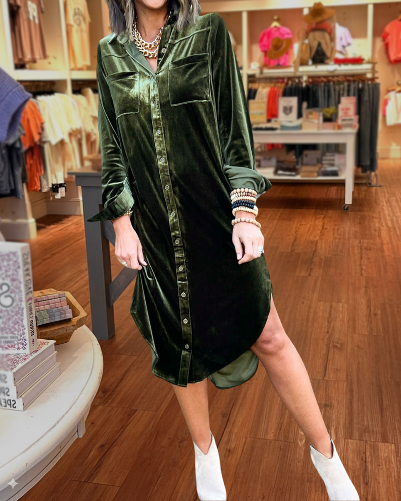 Velvet Button Down Long Shirt Dress