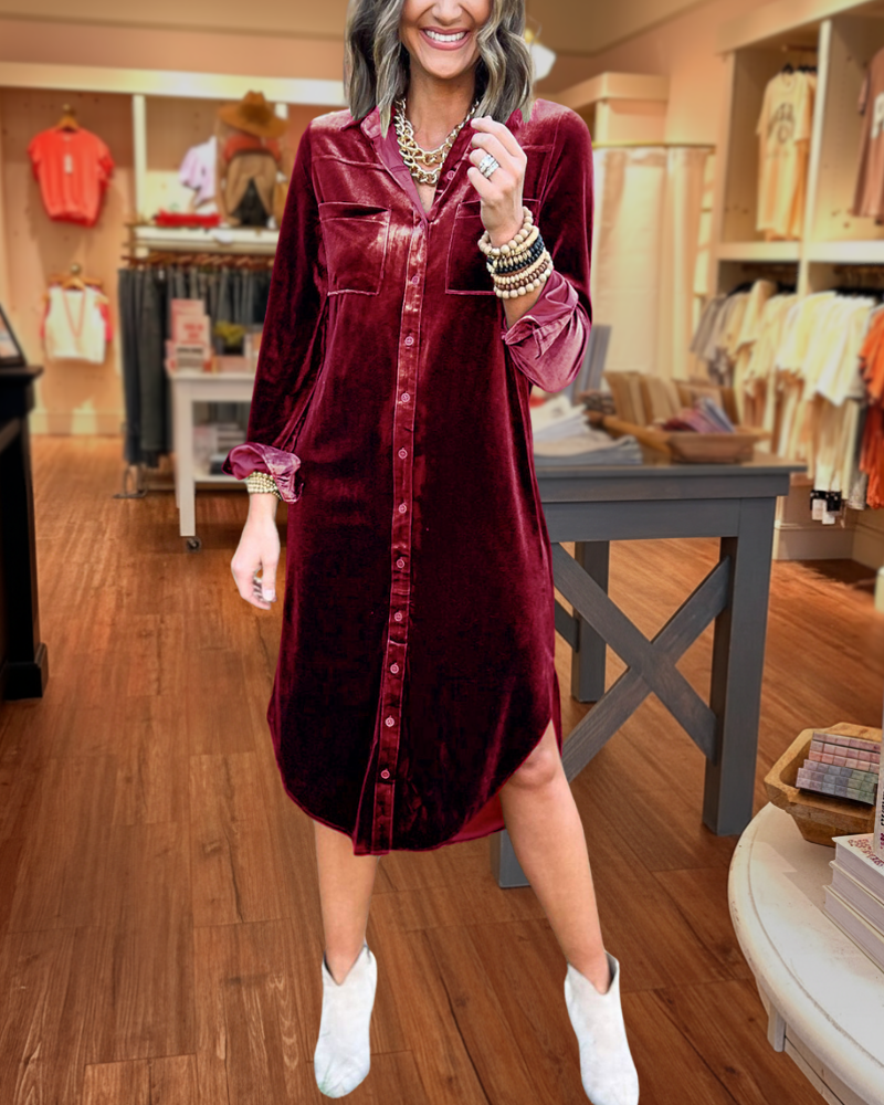 Velvet Button Down Long Shirt Dress