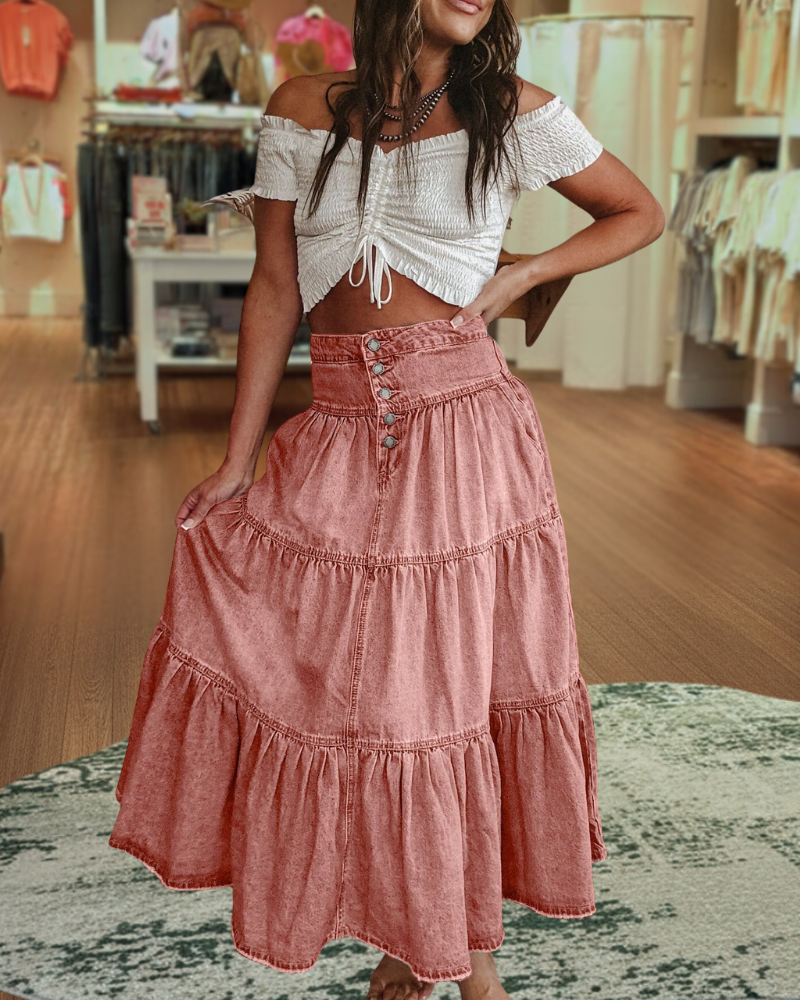 Button Fly Layered Hem Denim Skirt