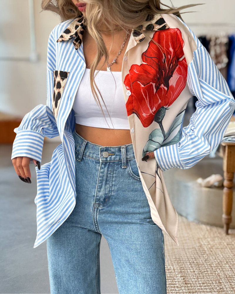 Leopard Floral Striped Casual Button-Up Shirt
