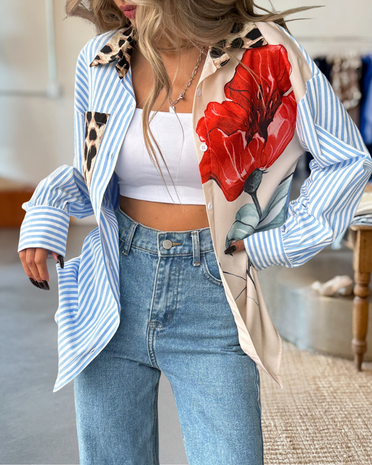Leopard Floral Striped Casual Button-Up Shirt